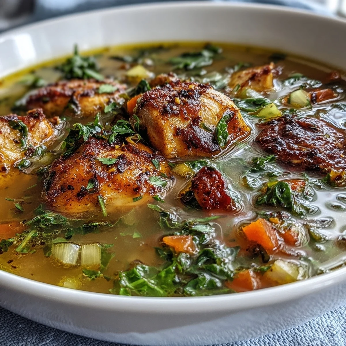 Steaming bowl of High Protein Lemon and Turmeric Chicken Soup with tender chicken, carrots, and bright baby kale.
