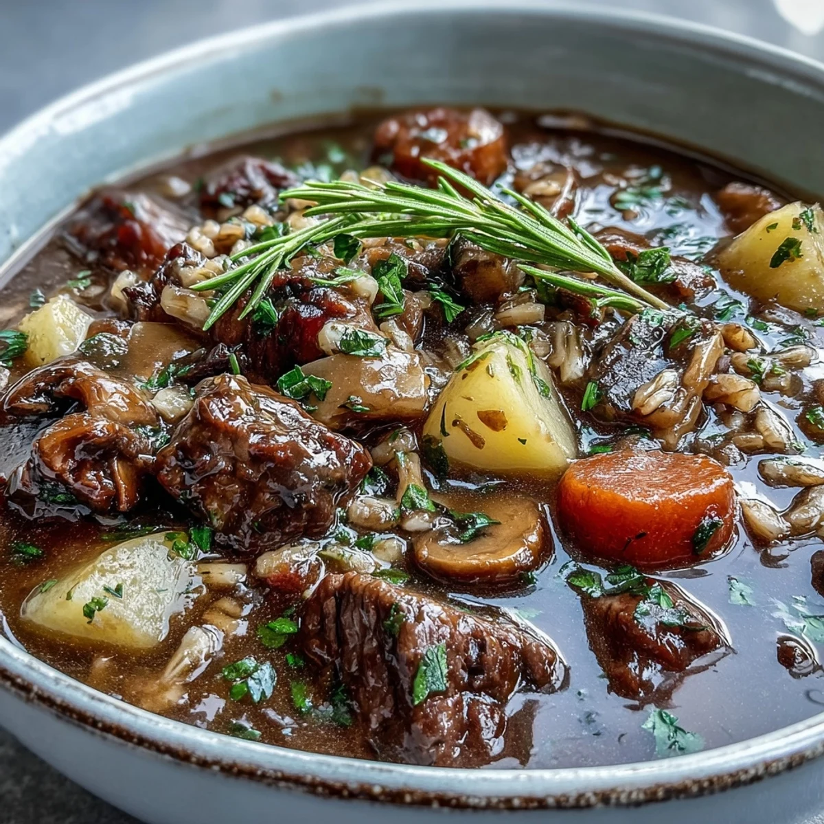 A rich pot of vegetable beef, barley, and mushroom soup, perfect for serving with crusty bread on cold days.