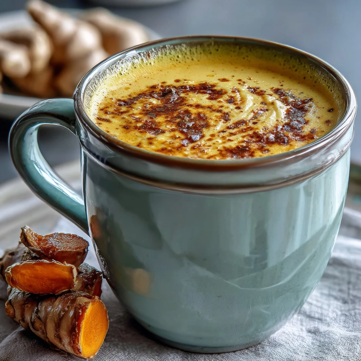 Two mugs of frothy Turmeric and Ginger Golden Milk topped with ground cinnamon, served on a cozy table.