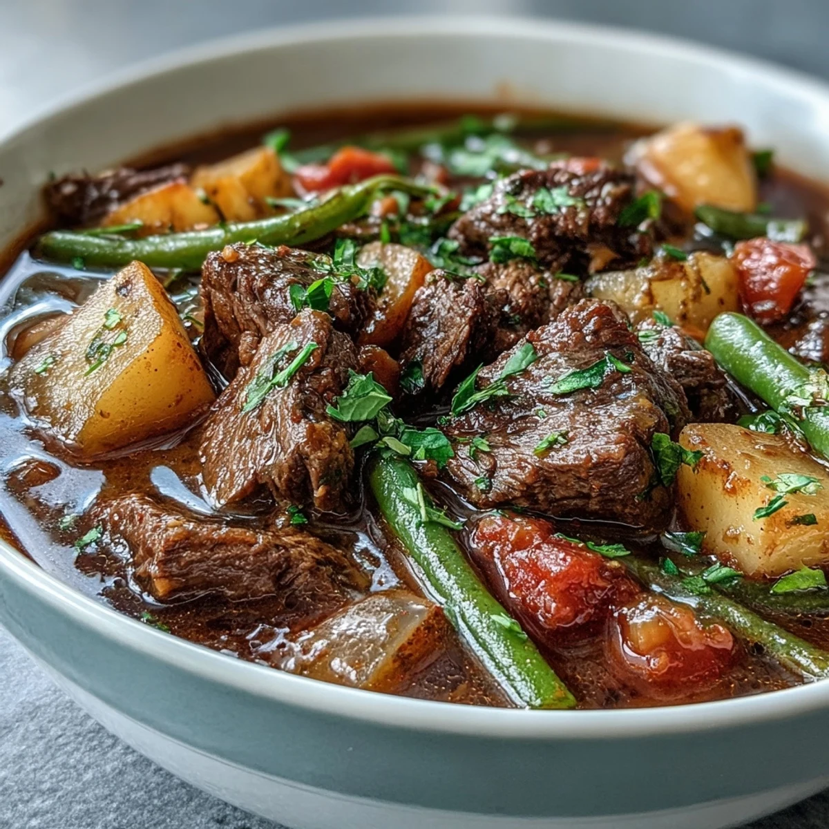 Steaming bowls of hearty beef and vegetable soup with tender beef chunks and root vegetables.