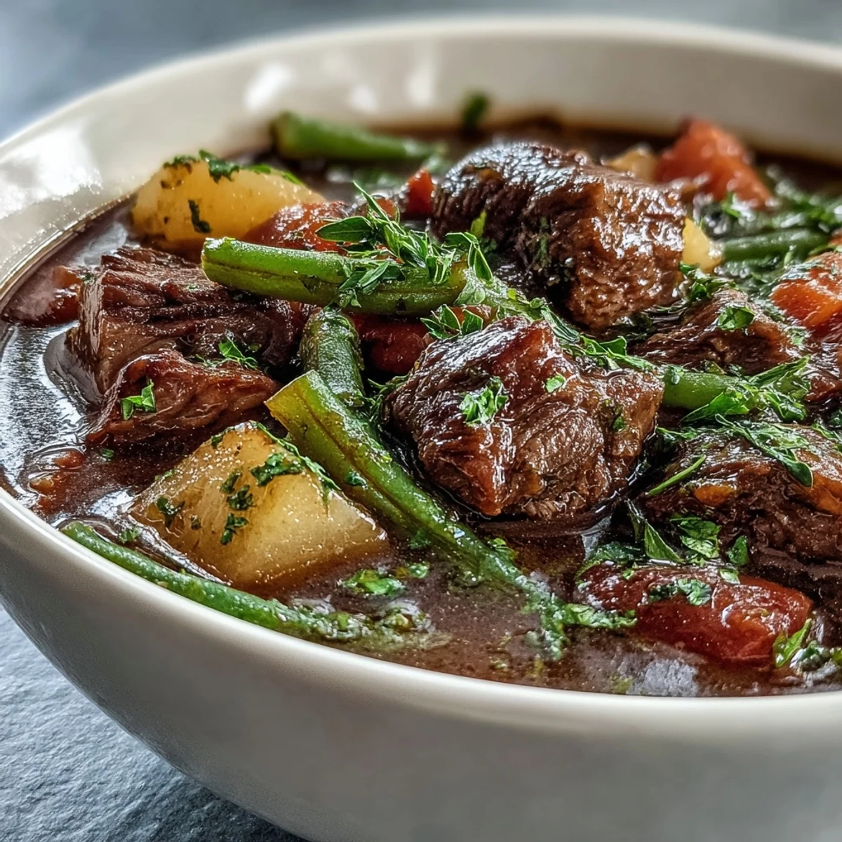Ladle-ready beef and vegetable soup featuring carrots, potatoes, and peas in a savory broth.