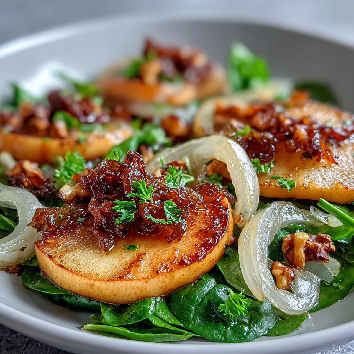 Savory Warm Apple and Sauerkraut Skillet Salad with caramelized onions and toasted pecans, ready to serve.