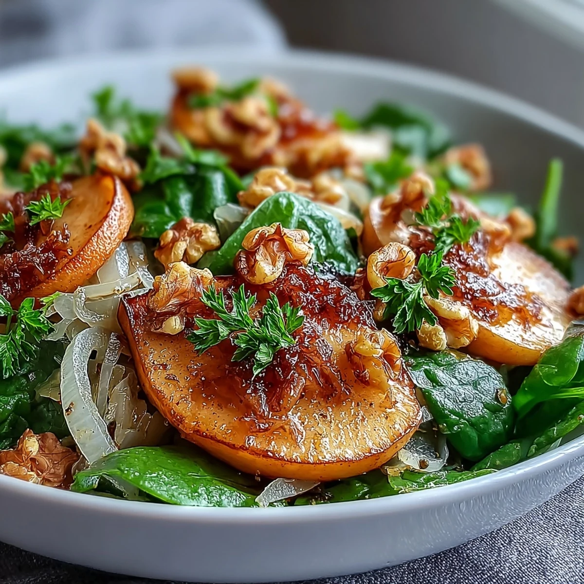 Golden apples and probiotic sauerkraut sizzling in a skillet with fresh spinach for a tangy-sweet side dish.