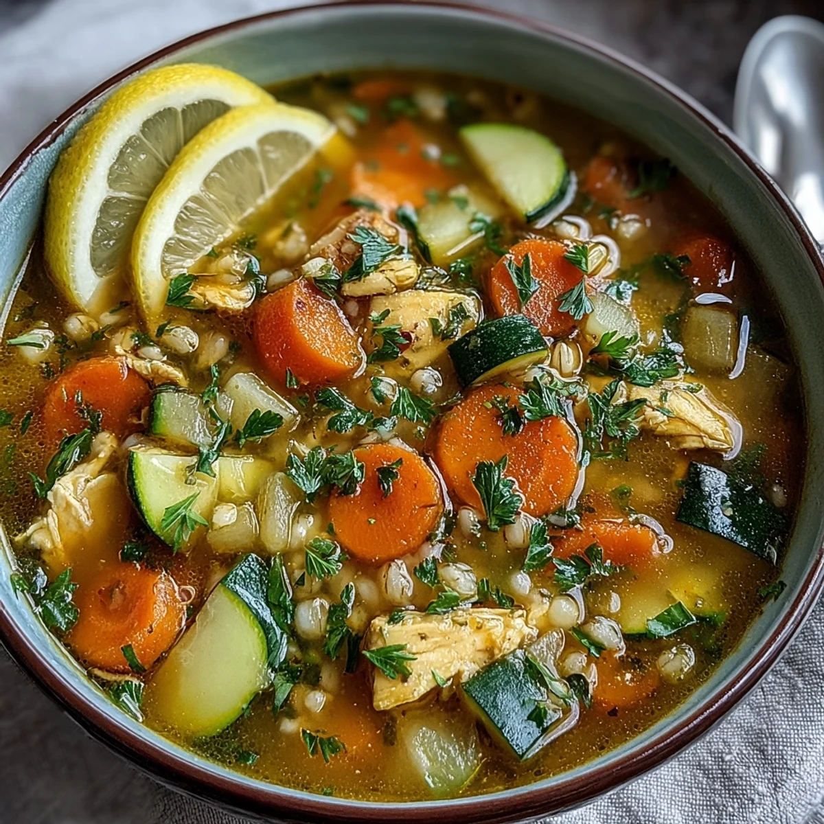 A bowl of golden Soothing Turmeric Chicken With Pearl Barley soup, garnished with fresh parsley and served with a lemon wedge.
