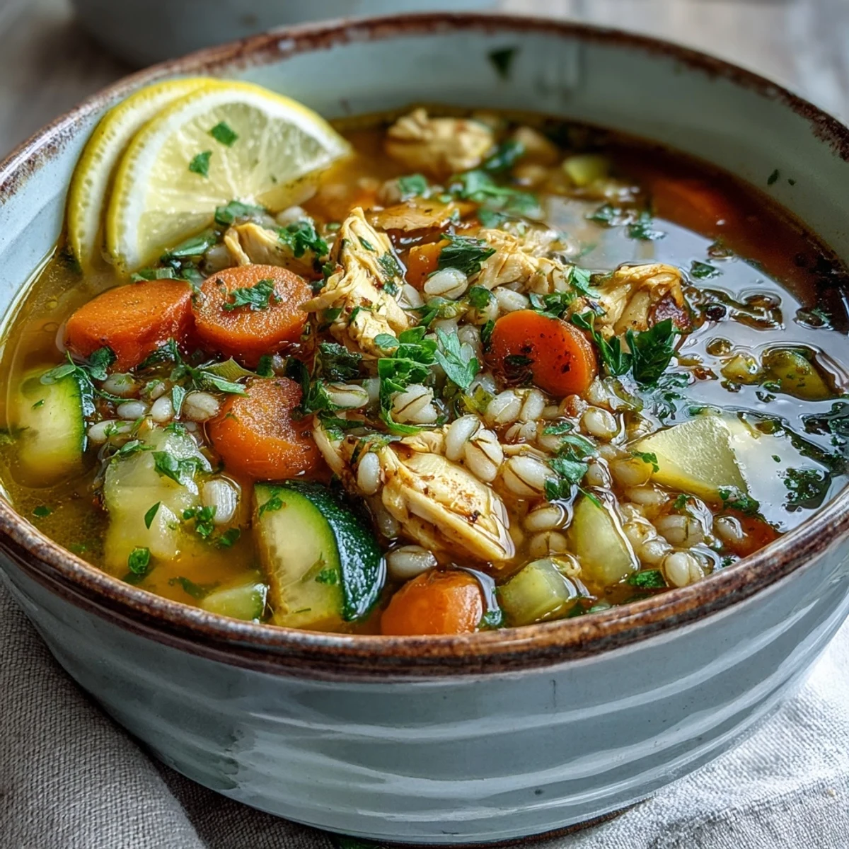Soothing Turmeric Chicken With Pearl Barley soup in a rustic pot, showing diced carrots and zucchini, perfect for cozy weeknights.