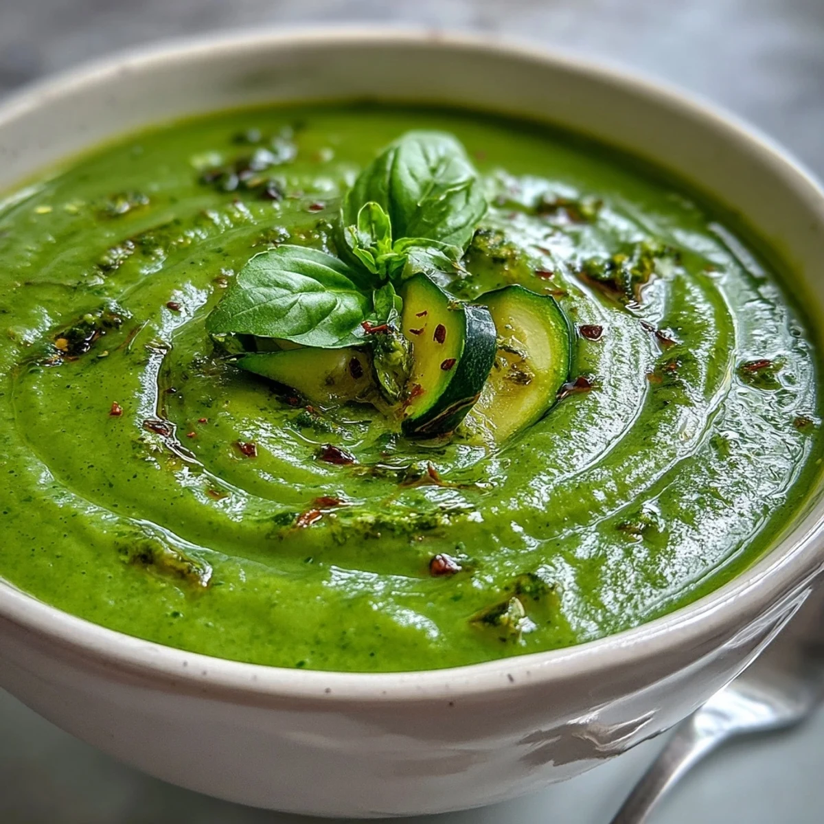 Courgette, Pea and Pesto Soup in a rustic bowl, topped with fresh basil and a swirl of vibrant green pesto.