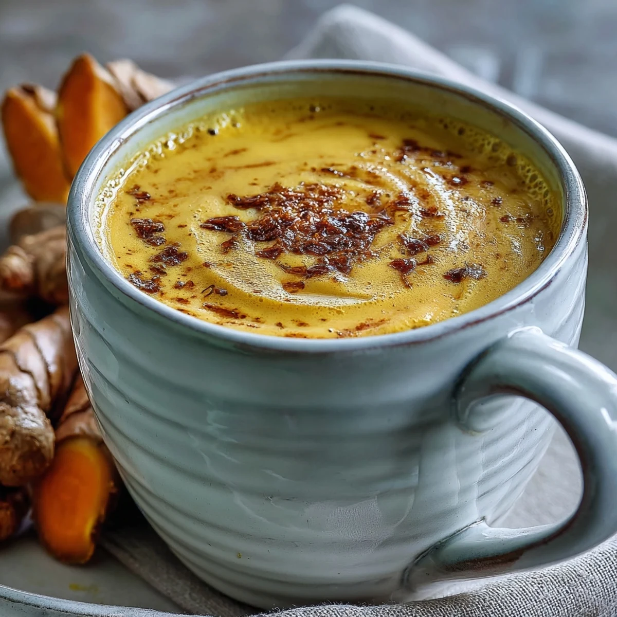 Creamy Turmeric and Ginger Golden Milk steaming gently in a rustic mug, garnished with a cinnamon stick.