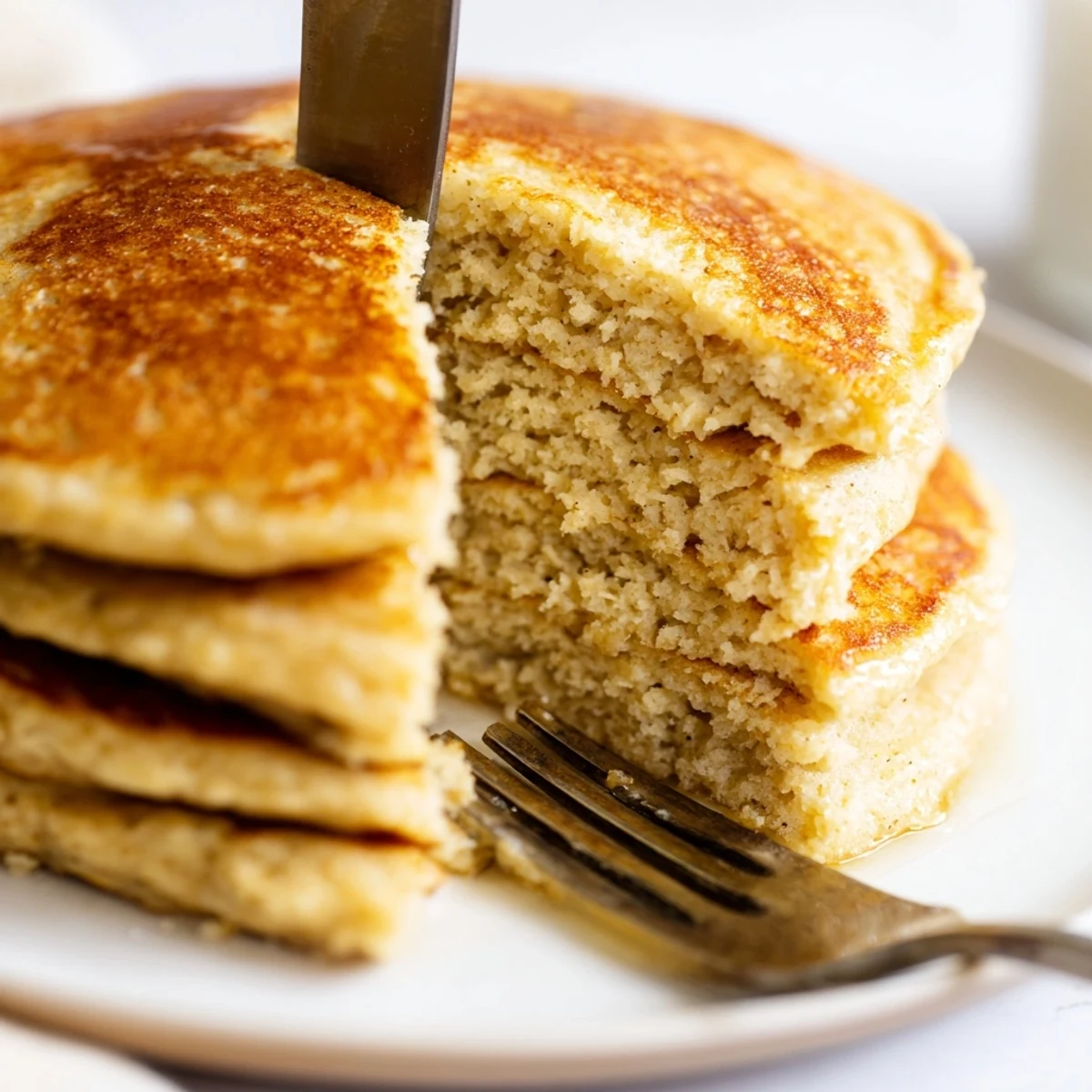 A close-up view of Protein Power Pancakes on a plate, topped with a dollop of Greek yogurt and sliced banana.