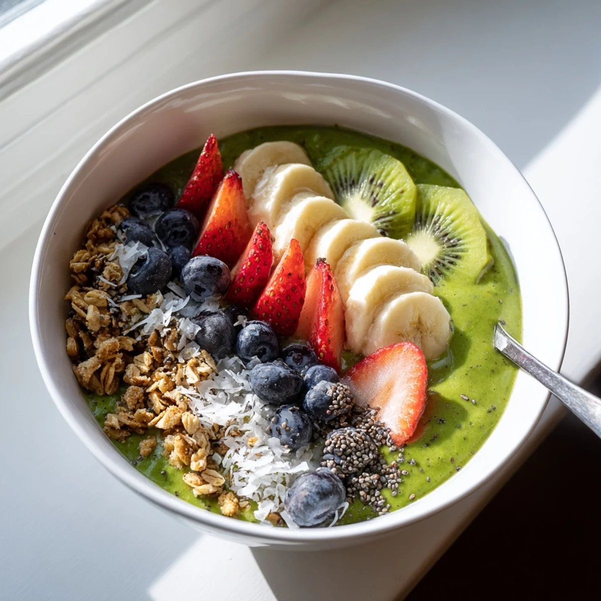 Green Smoothie Bowl filled with creamy spinach blend, topped with granola, kiwi, and strawberries for a crunchy, vibrant breakfast.
