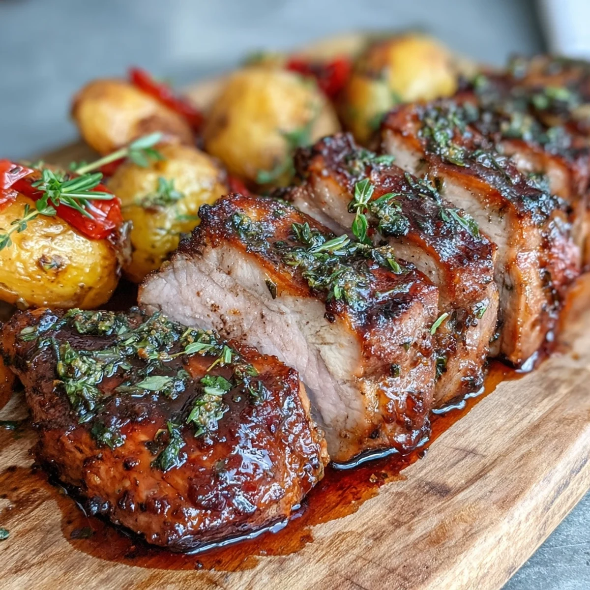 Sliced marinated Ibérico pork fillet rests beside roasted potatoes and sweet red peppers, ready for a Spanish-inspired dinner.  