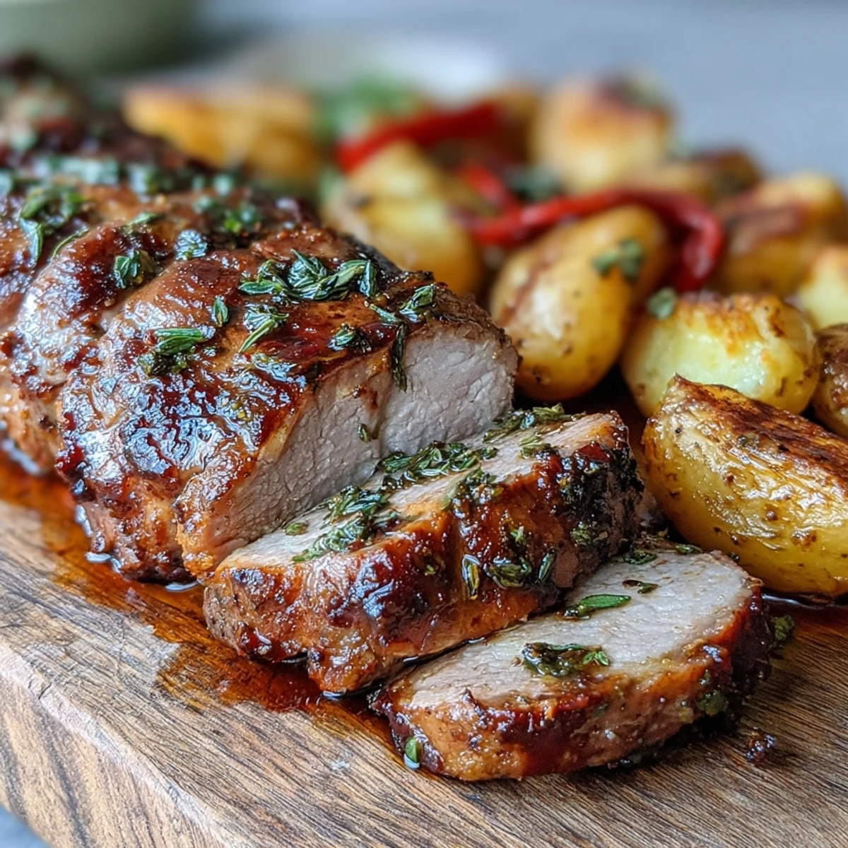 Golden roasted potatoes and caramelized red peppers frame the tender Ibérico pork fillet, ideal for a festive holiday meal.  