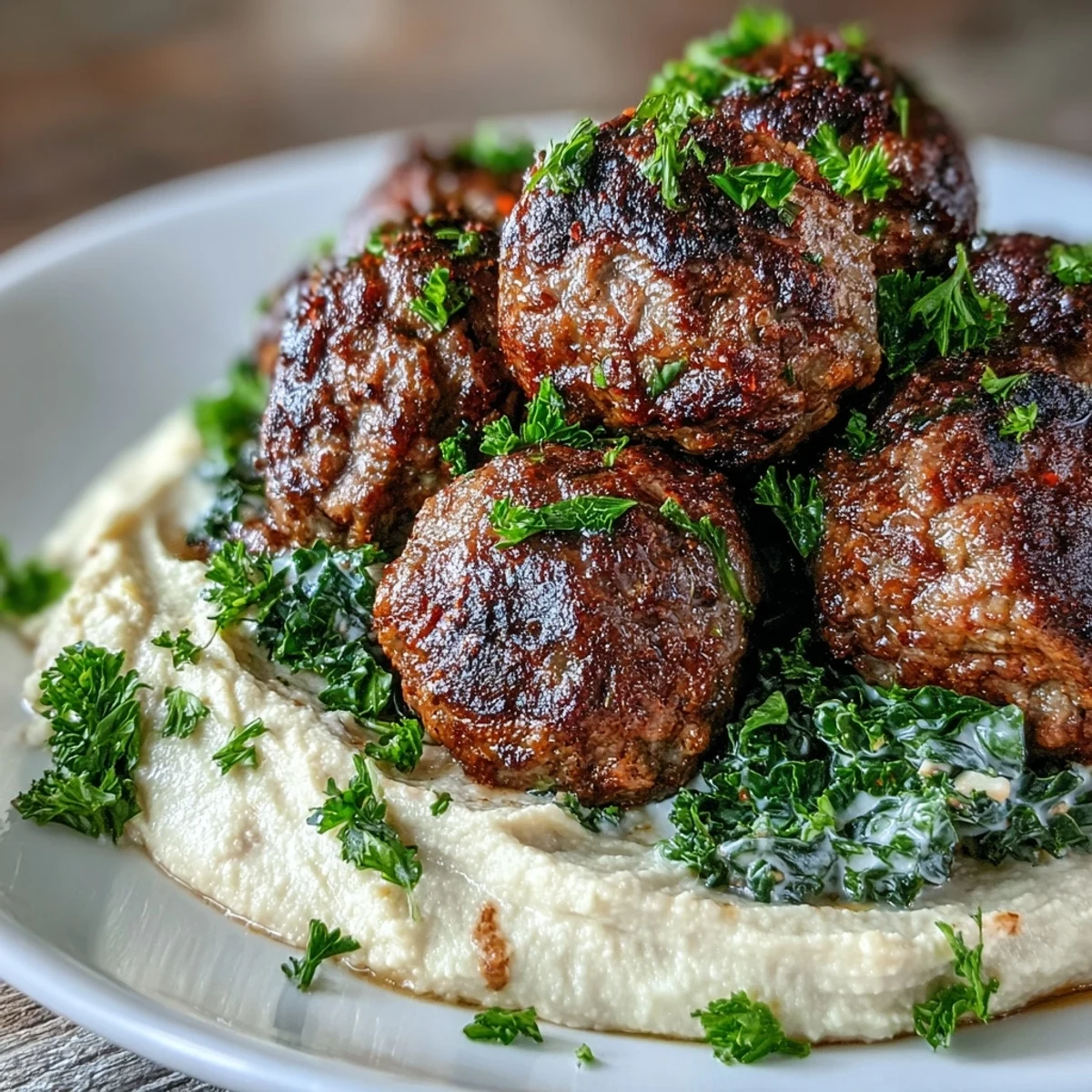 Venison meatballs simmer in a skillet, their warm spices fragrant, paired with creamy hummus and a crisp salad.