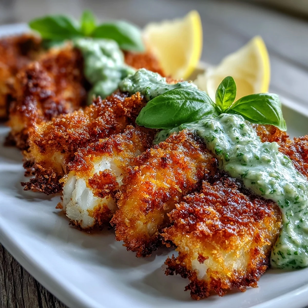 Golden-baked haddock goujons with a crispy Parmesan crust, served alongside vibrant green pea pesto for a fresh, gourmet twist.