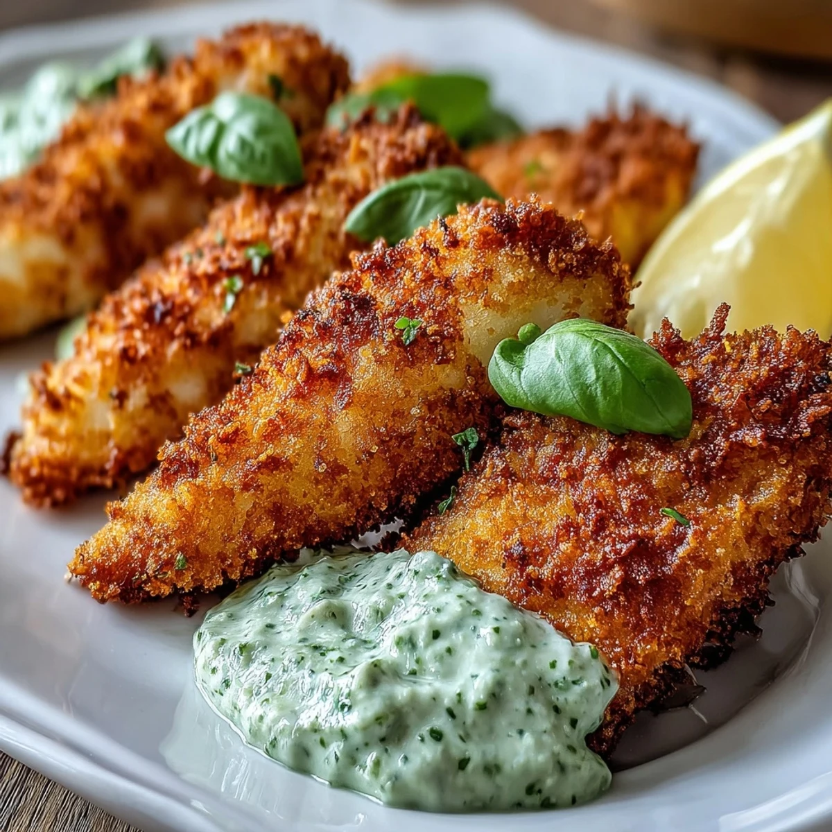 These crunchy haddock goujons feature a golden Parmesan crust, paired with creamy pea pesto and lemon wedges for dipping.