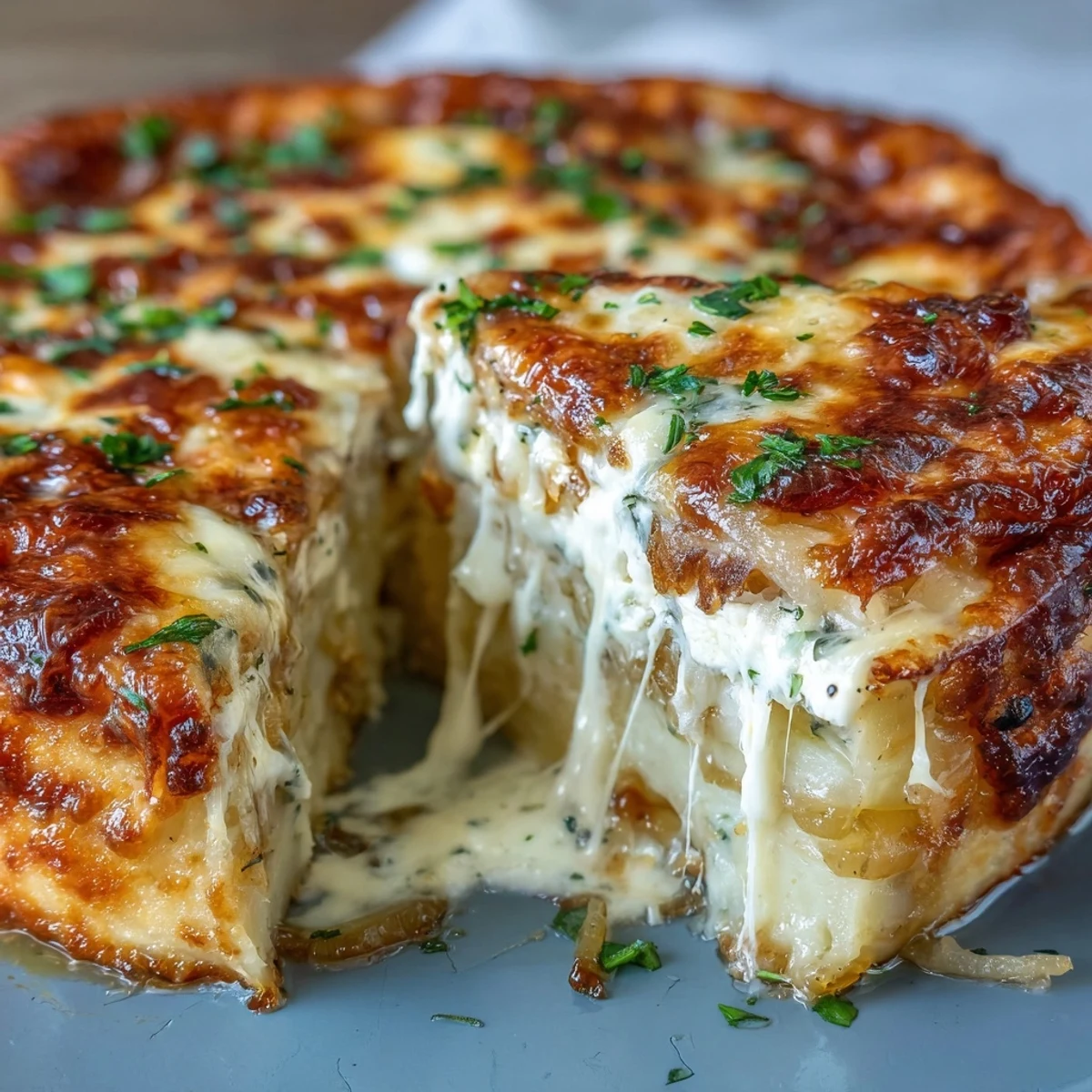 A slice of homemade cheese and potato pie reveals creamy Yukon Gold layers, melted Gruyère, and a golden crust on a rustic plate.