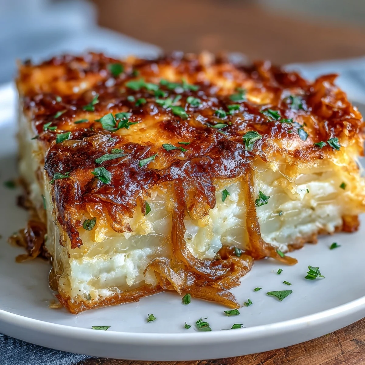 Warm cheese and potato pie features tender potato slices in a rich cream sauce, topped with a crisp, golden-brown crust.