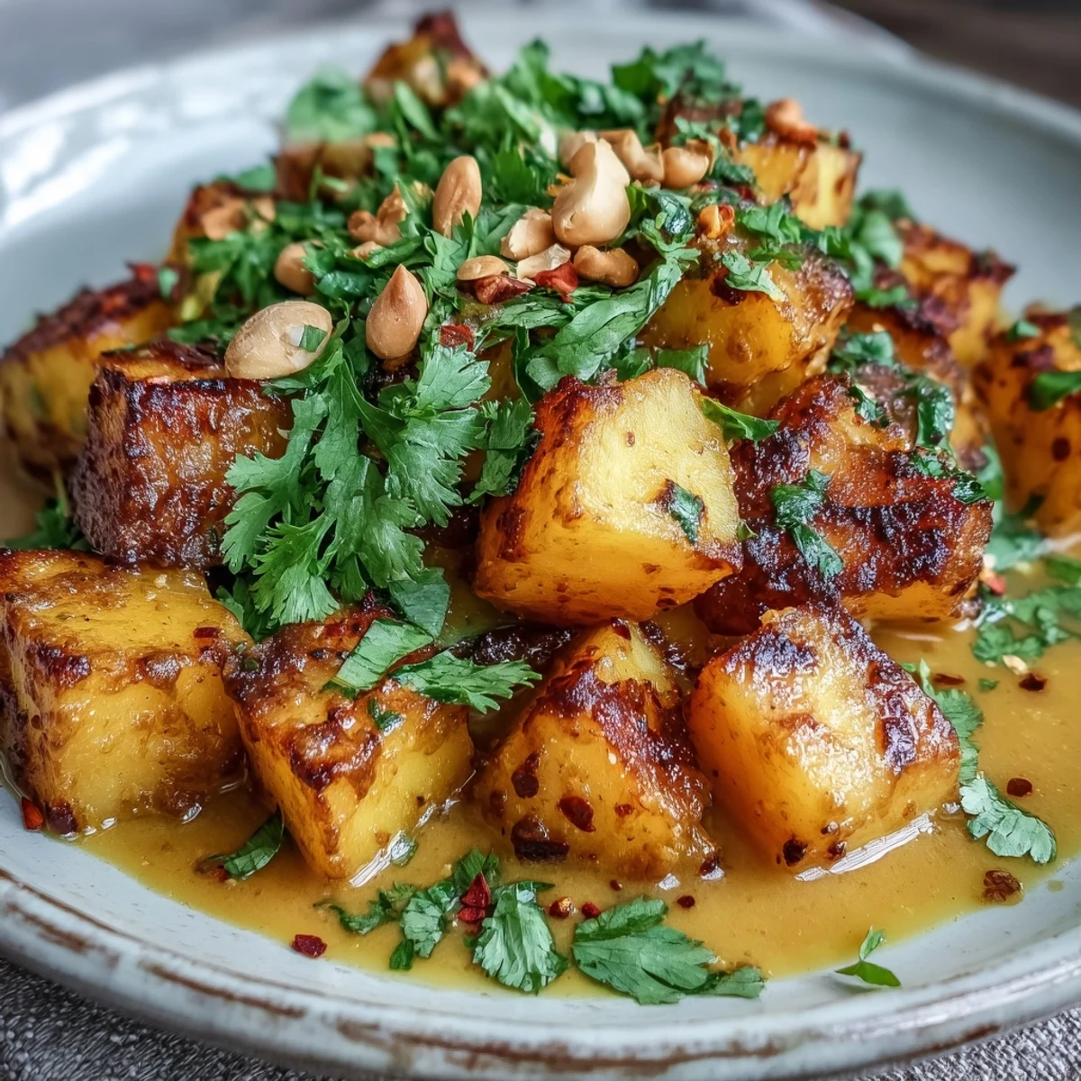 Golden roasted celeriac chunks simmer in a creamy coconut curry sauce, garnished with fresh cilantro and lime wedges for a vibrant vegetarian main dish.