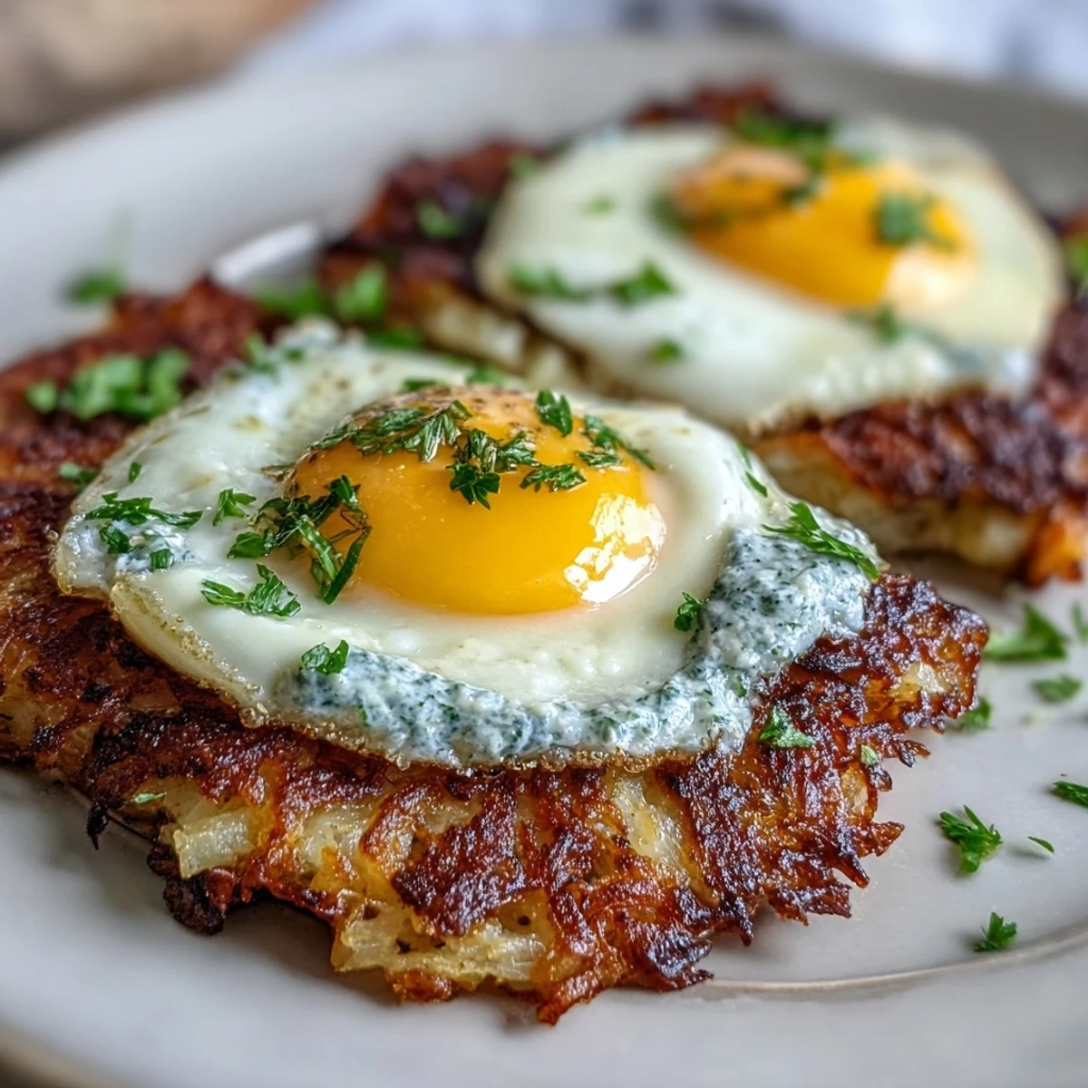 Golden, crispy celeriac rösti topped with a dollop of spicy harissa yogurt and a perfectly runny fried egg, served with lemon wedges.  
