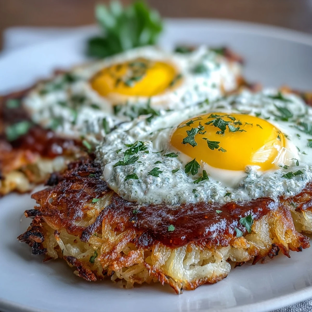 Savory celeriac rösti with herb flecks, creamy harissa yogurt, and a fried egg garnished with fresh parsley.