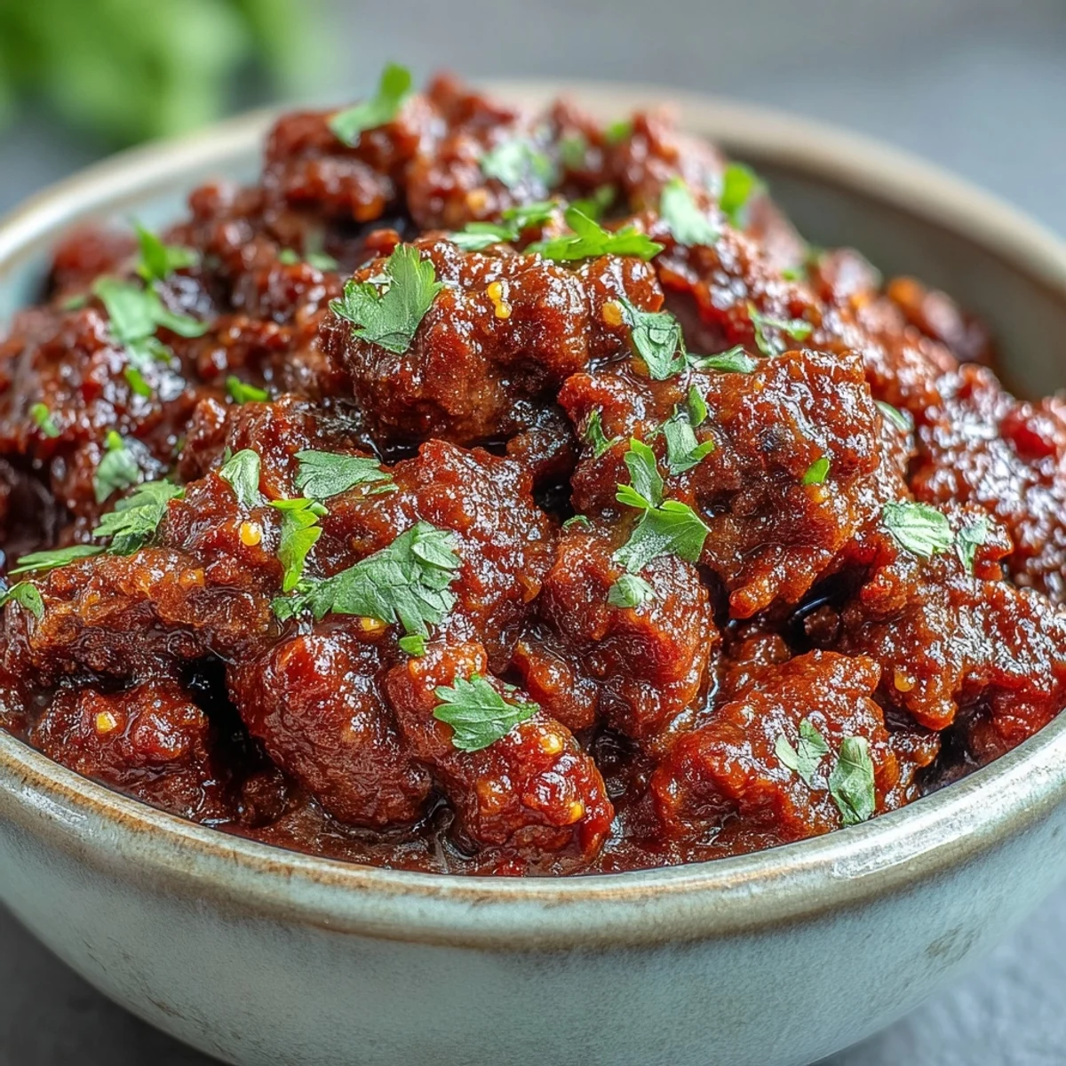 A steaming bowl of Venison Keema Curry topped with fresh cilantro and served alongside fluffy basmati rice, showcasing the rich, aromatic spices and tender ground meat.