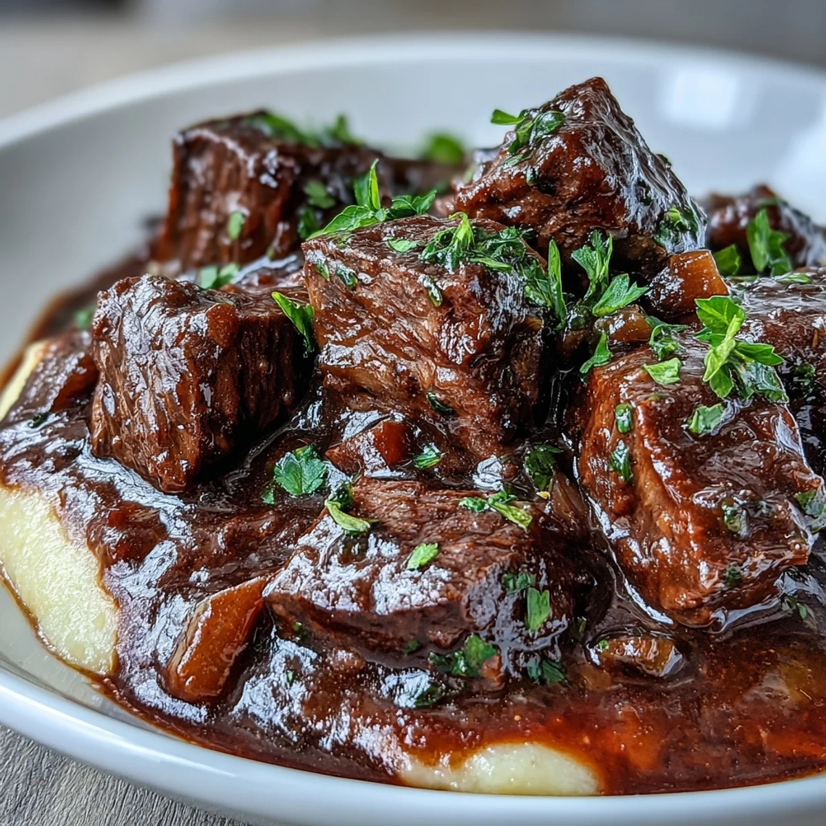 Creamy polenta serves as a golden base for the savory Venison Stew with Sloe Gin and Polenta garnish.