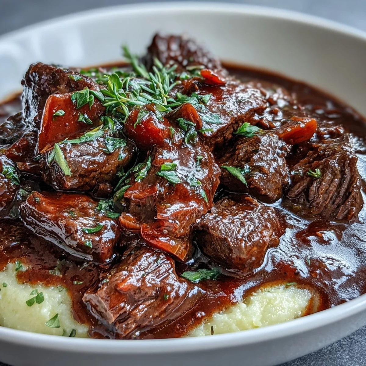 Fresh thyme sprigs top the hearty Venison Stew with Sloe Gin and Polenta, steaming in a cozy winter setting.