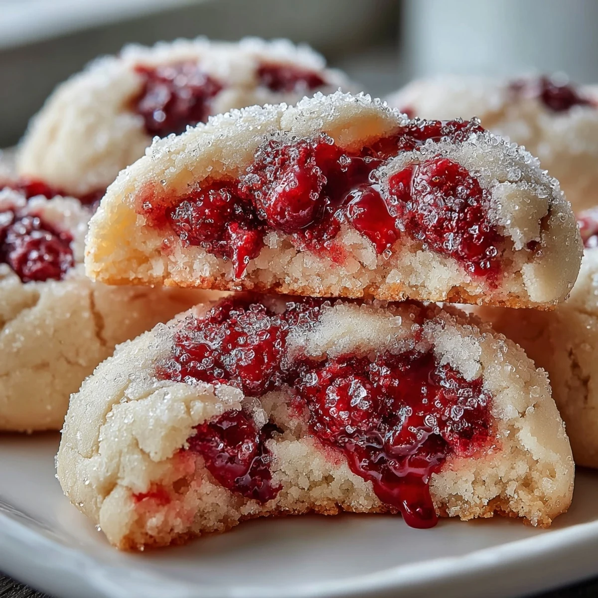 Stack of Soft Chewy Raspberry Sugar Cookies, ready to serve with milk, featuring a vibrant raspberry-sugar crust.