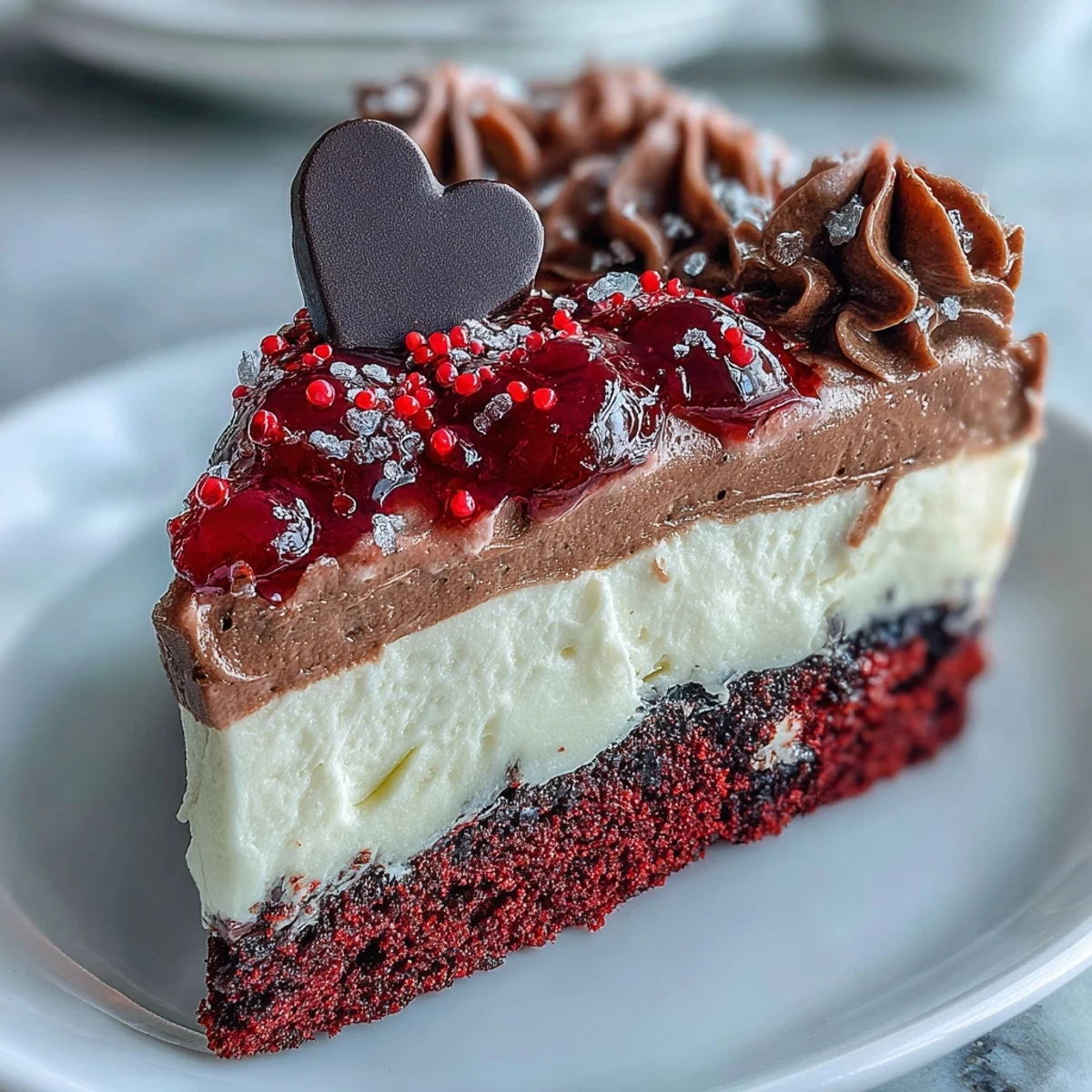 Freshly sliced Red Betty Boop Heart Cake reveals a moist red crumb, velvety cream cheese frosting, and a crisp dark chocolate silhouette.