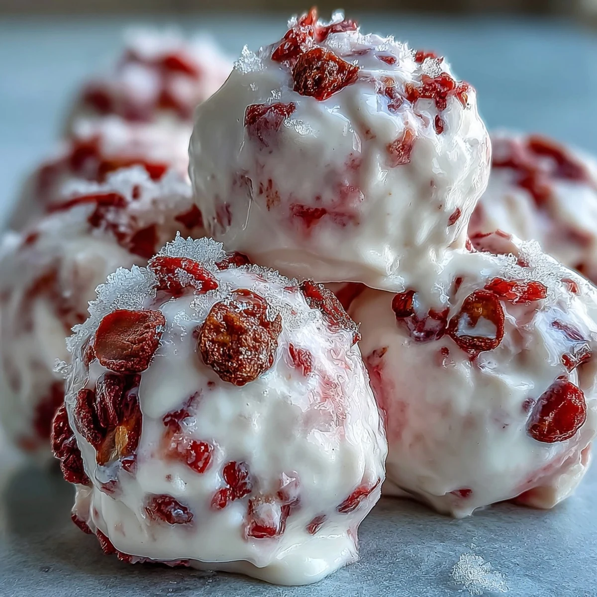 A close-up of Strawberry & Banana Yogurt Clusters with a honey drizzle, perfect for a healthy summer snack.