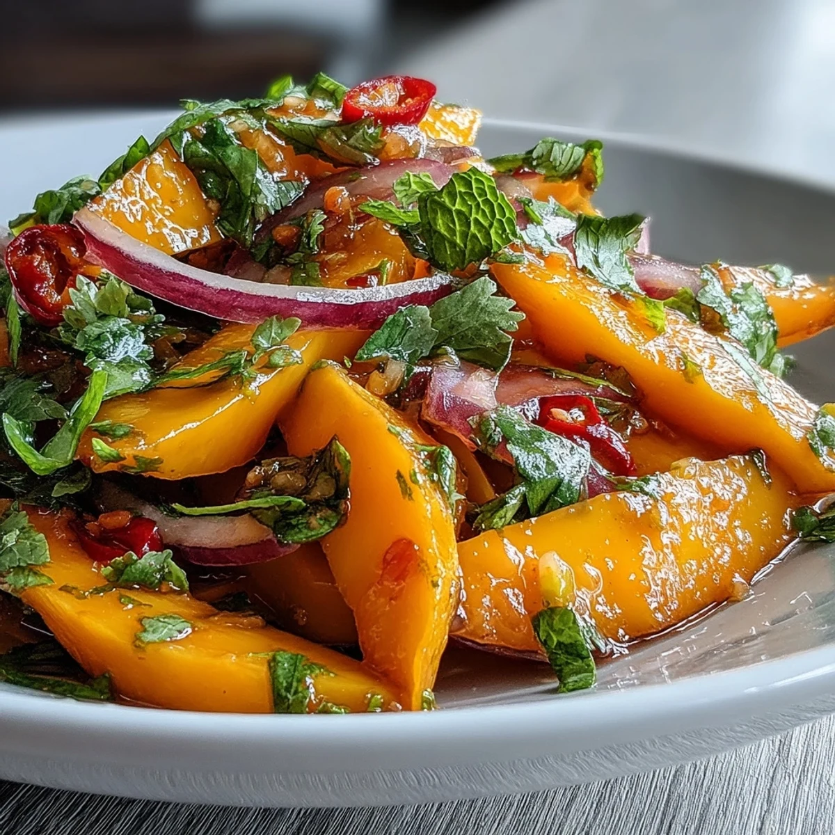 Sliced ripe mango, red bell pepper, and cucumber in a shallow white bowl with fresh cilantro leaves and lime wedges, ready to be dressed for a vibrant lunch. 