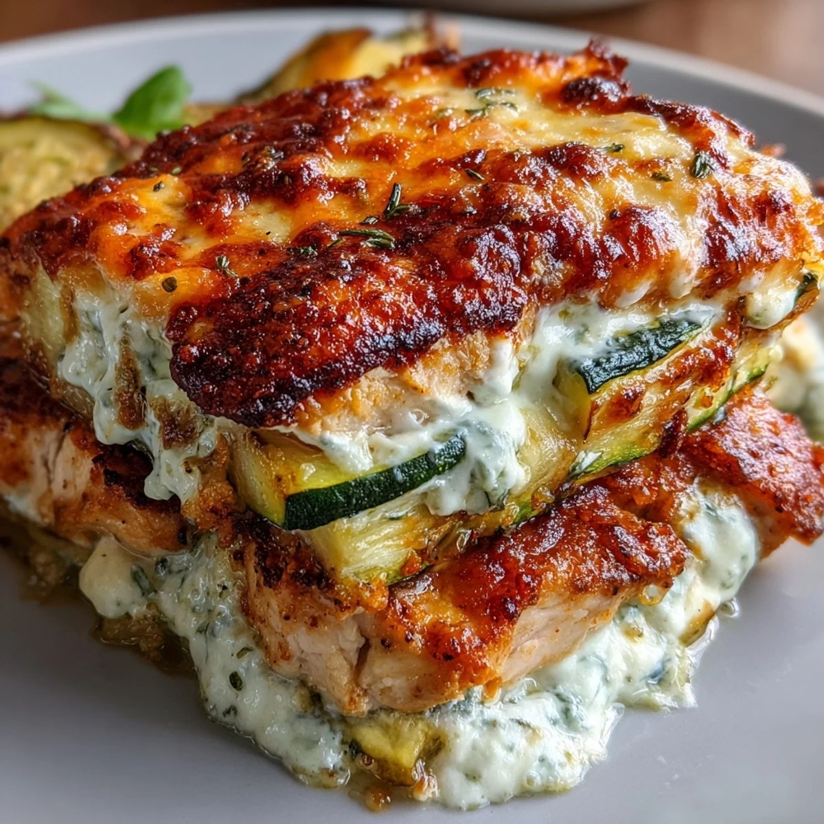 Fork-tender chicken and zucchini slices coated in a creamy yogurt blend, finished with golden, bubbly mozzarella and Parmesan.