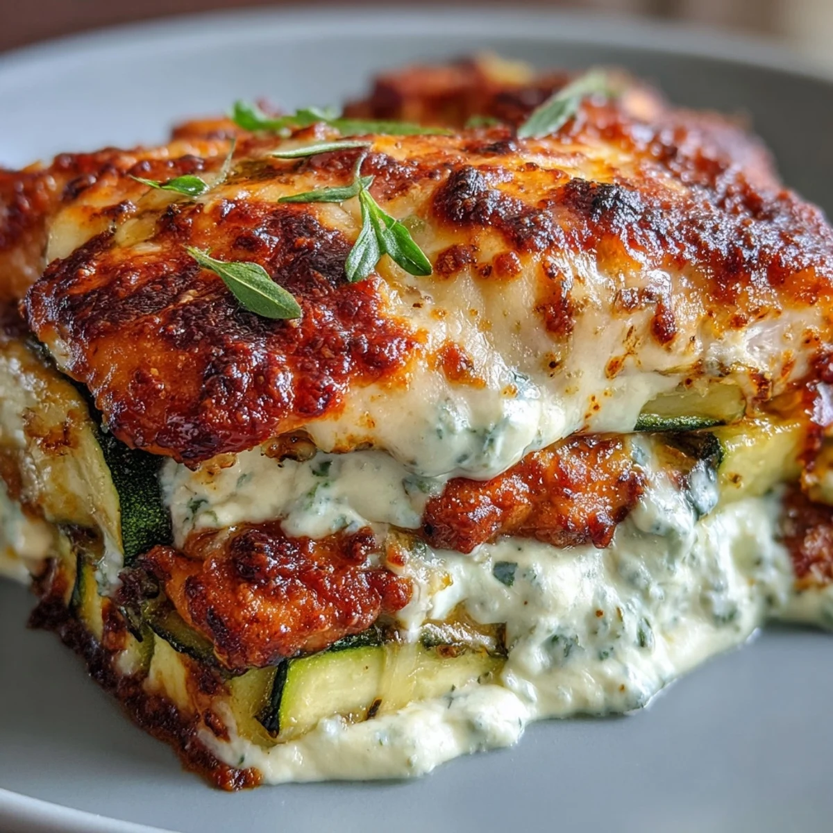 Sliced zucchini and seared chicken layered with a savory yogurt-egg custard, baked until set and topped with melted cheese.
