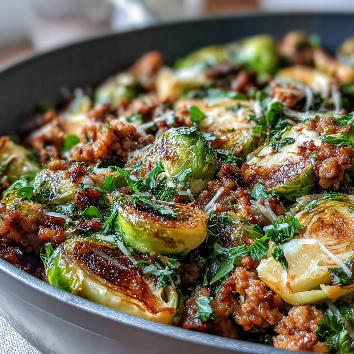 Golden-brown Brussels sprouts and savory ground turkey sizzle with garlic and paprika in a rustic cast-iron skillet.