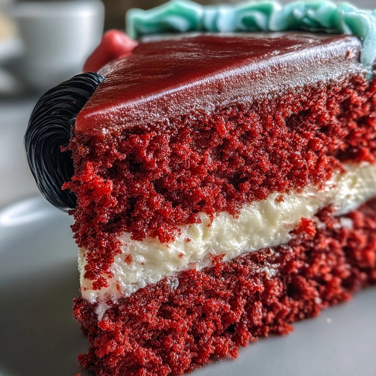 Fondant hair, white eyes, and red lips sit on the shiny black fondant.