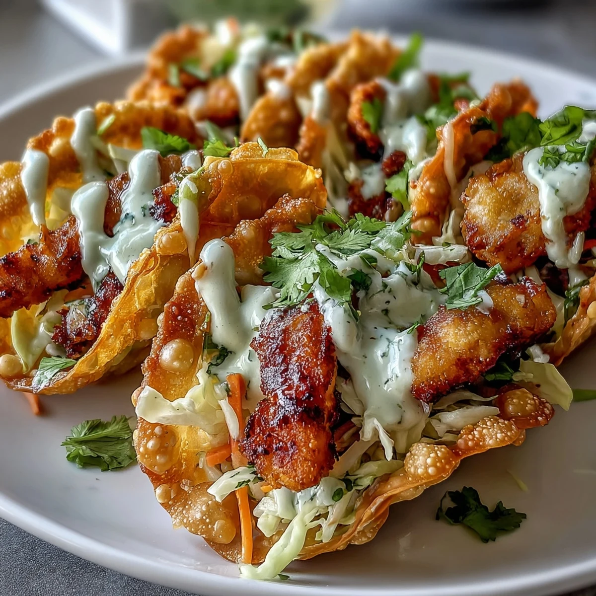 Crispy Chicken Wonton Tacos filled with ginger-marinated chicken, crunchy cabbage slaw, and cilantro, drizzled with creamy sriracha mayo.