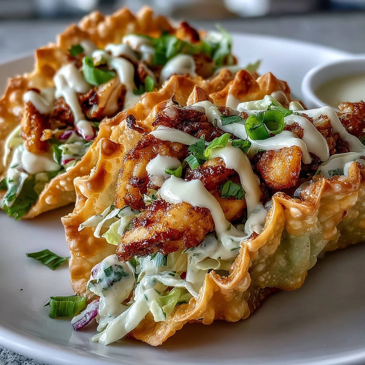 Close-up of Crispy Chicken Wonton Tacos showcasing smoky chicken strips and fresh vegetable garnishes on a colorful platter.