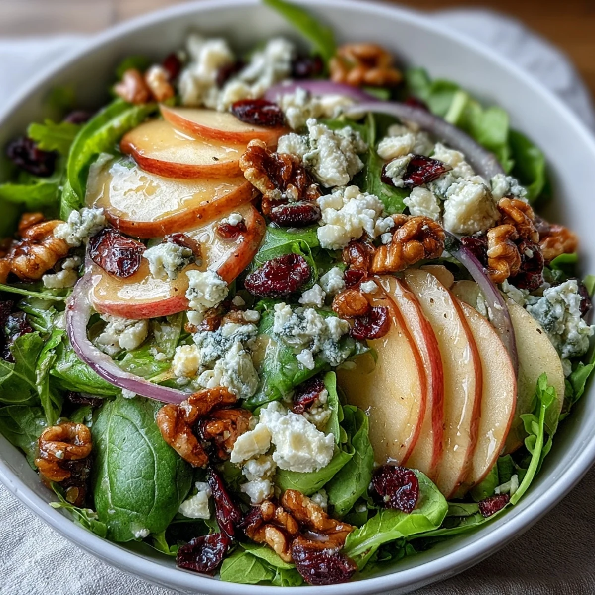 Fresh Mixed Greens and Apple Bowl salad topped with crunchy walnuts, creamy goat cheese, and a tangy cider vinaigrette.