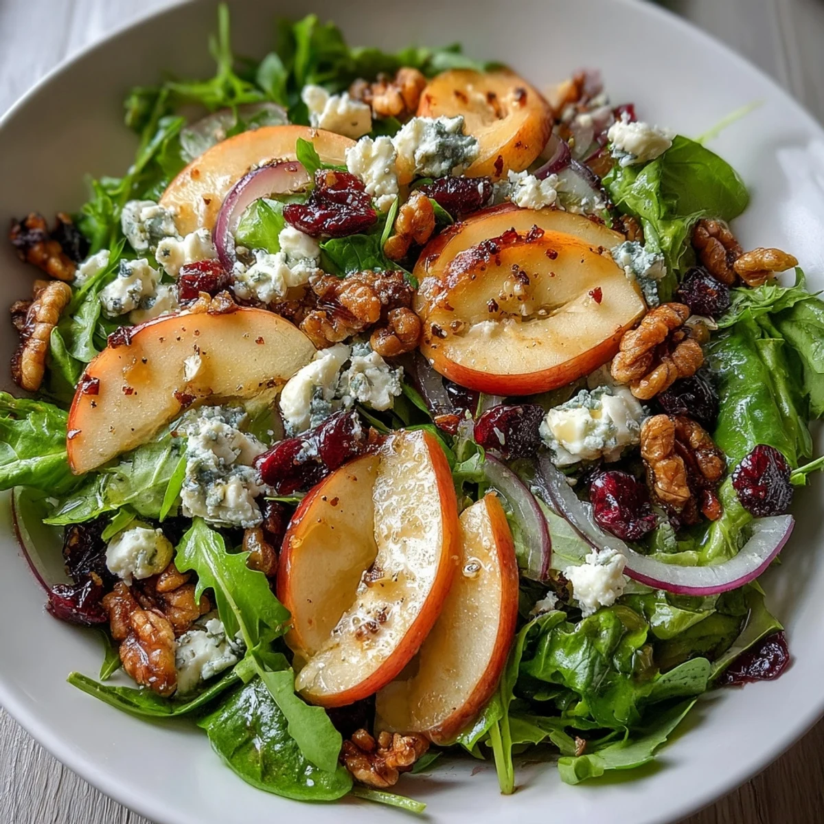 Healthy vegetarian Mixed Greens and Apple Bowl with dried cranberries and red onion for a refreshing, light lunch or side dish.