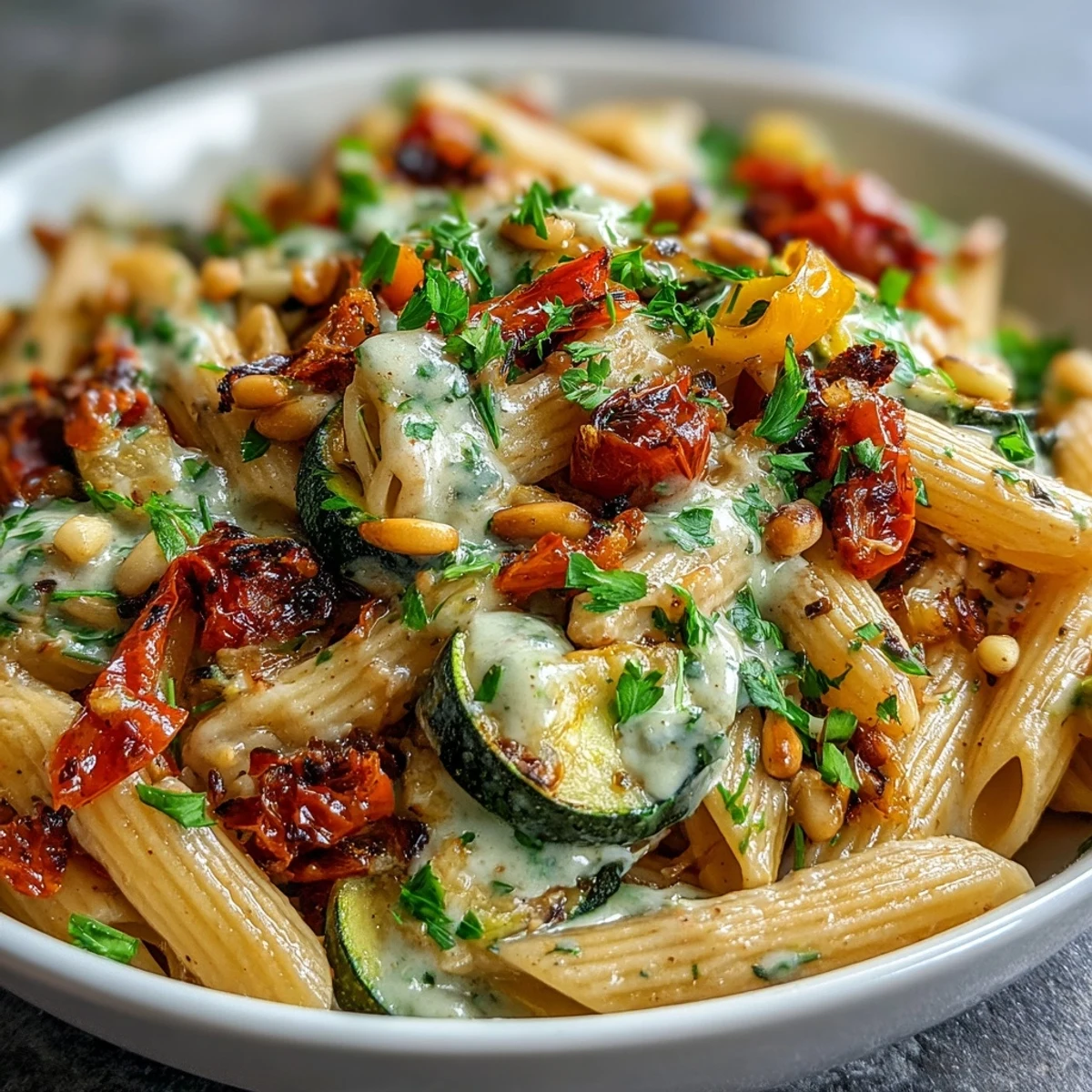 Whole Wheat Pasta Bowl with roasted zucchini and peppers in a creamy sauce, garnished with toasted pine nuts.