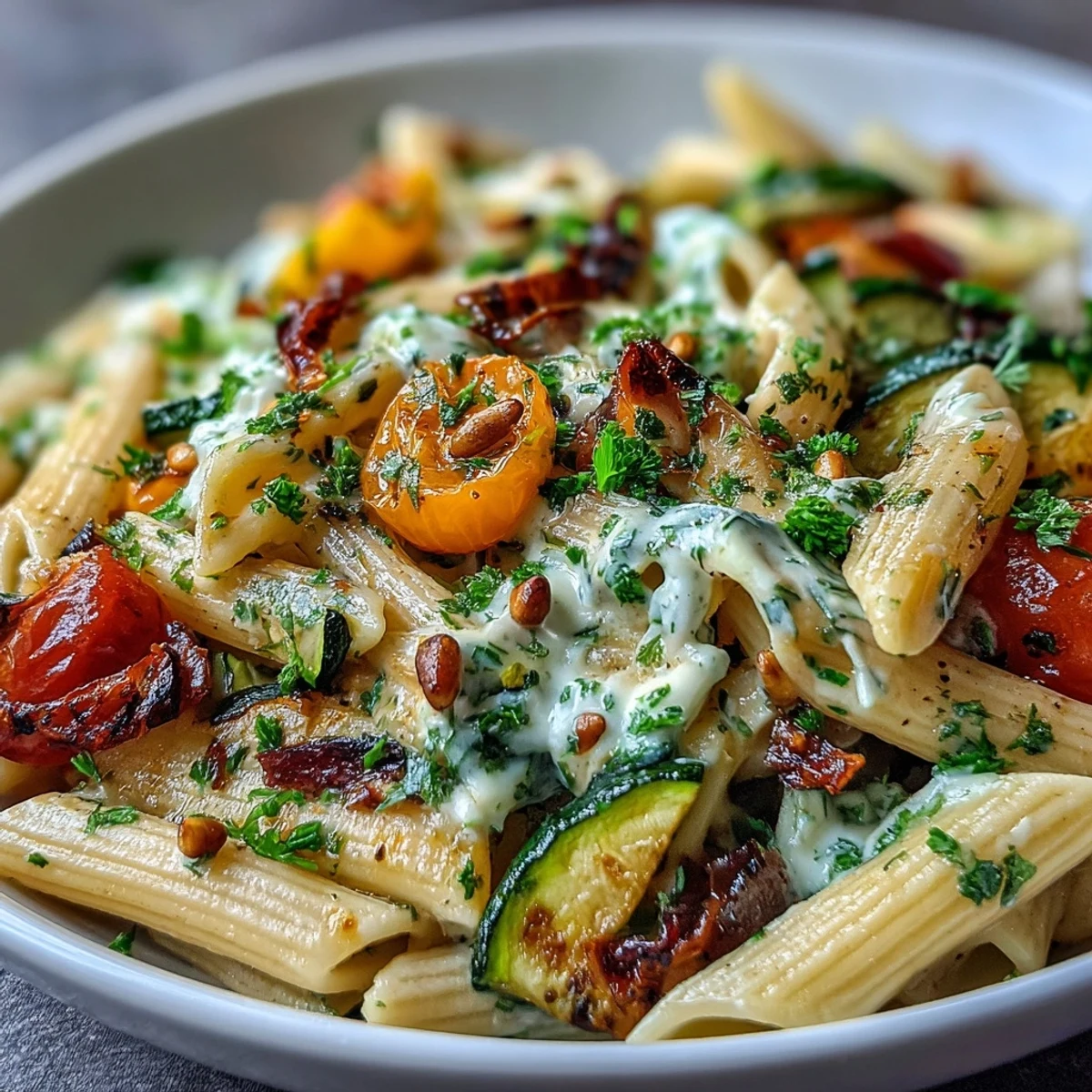 A hearty bowl of Whole Wheat Pasta with roasted vegetables and creamy protein sauce, ready to enjoy.