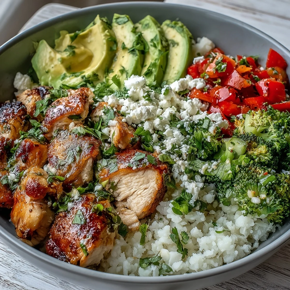 Golden-brown seasoned chicken and crisp broccoli florets sautéed for a savory cauliflower rice bowl.