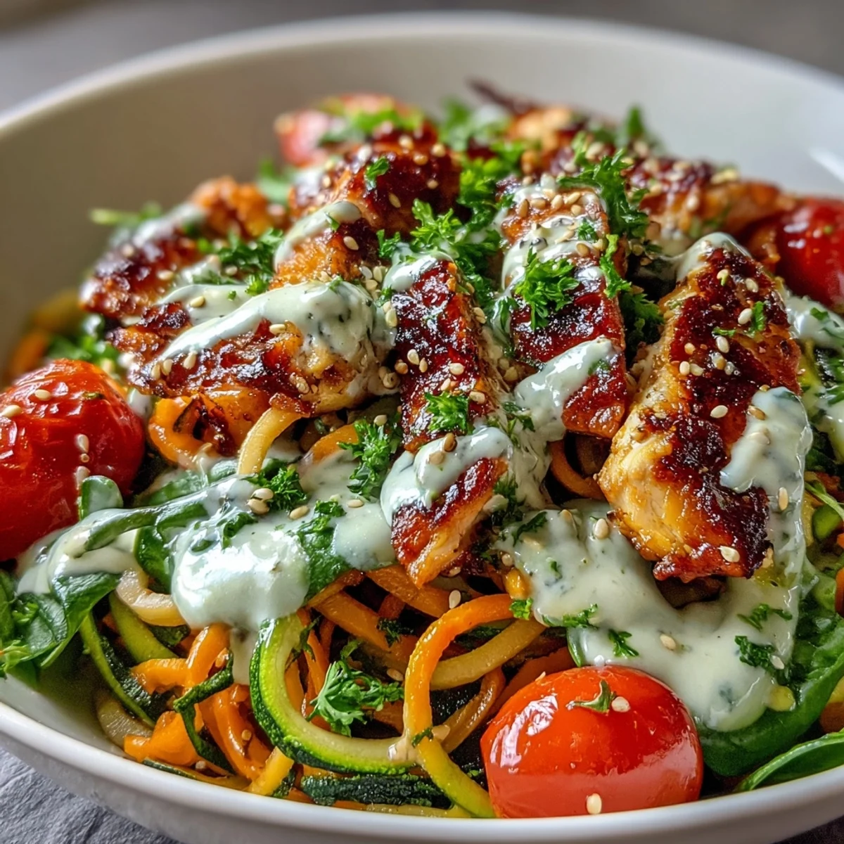 Bright, colorful Spiralized Vegetable Bowl with spiralized zucchini and sweet potato noodles, topped with grilled chicken and a creamy tahini sauce for a wholesome, gluten-free dinner.