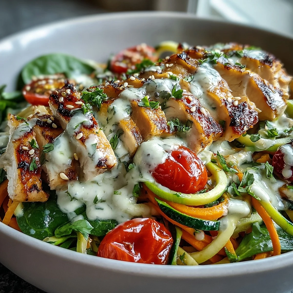 Vibrant Spiralized Vegetable Bowl served warm, packed with spiralized carrots and crisp veggies, alongside tender tofu or grilled chicken, perfect for easy, customizable weeknight dinners.
