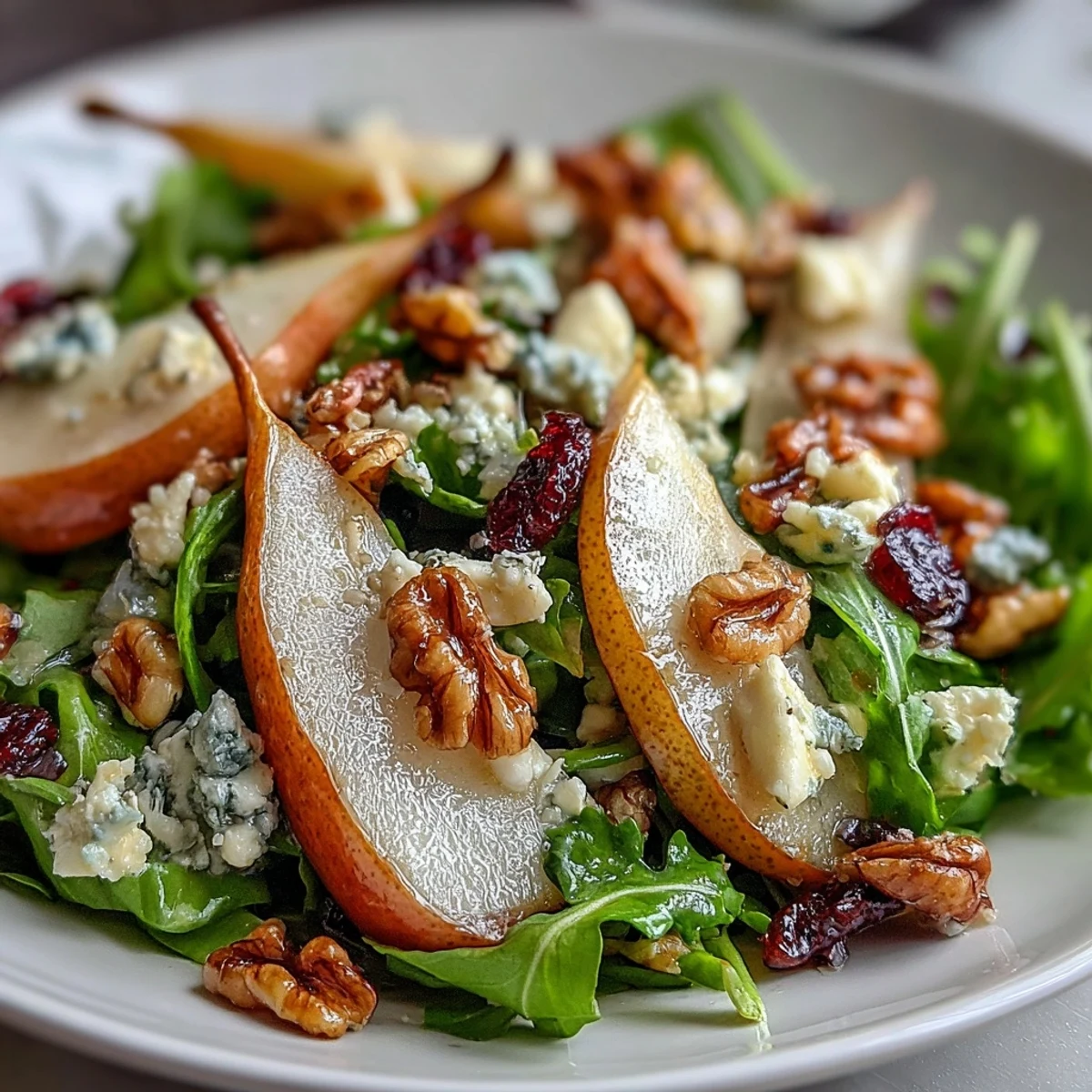 Arugula and Pear Bowl with sliced pears, crumbled cheese, and chopped nuts tossed in balsamic dressing.