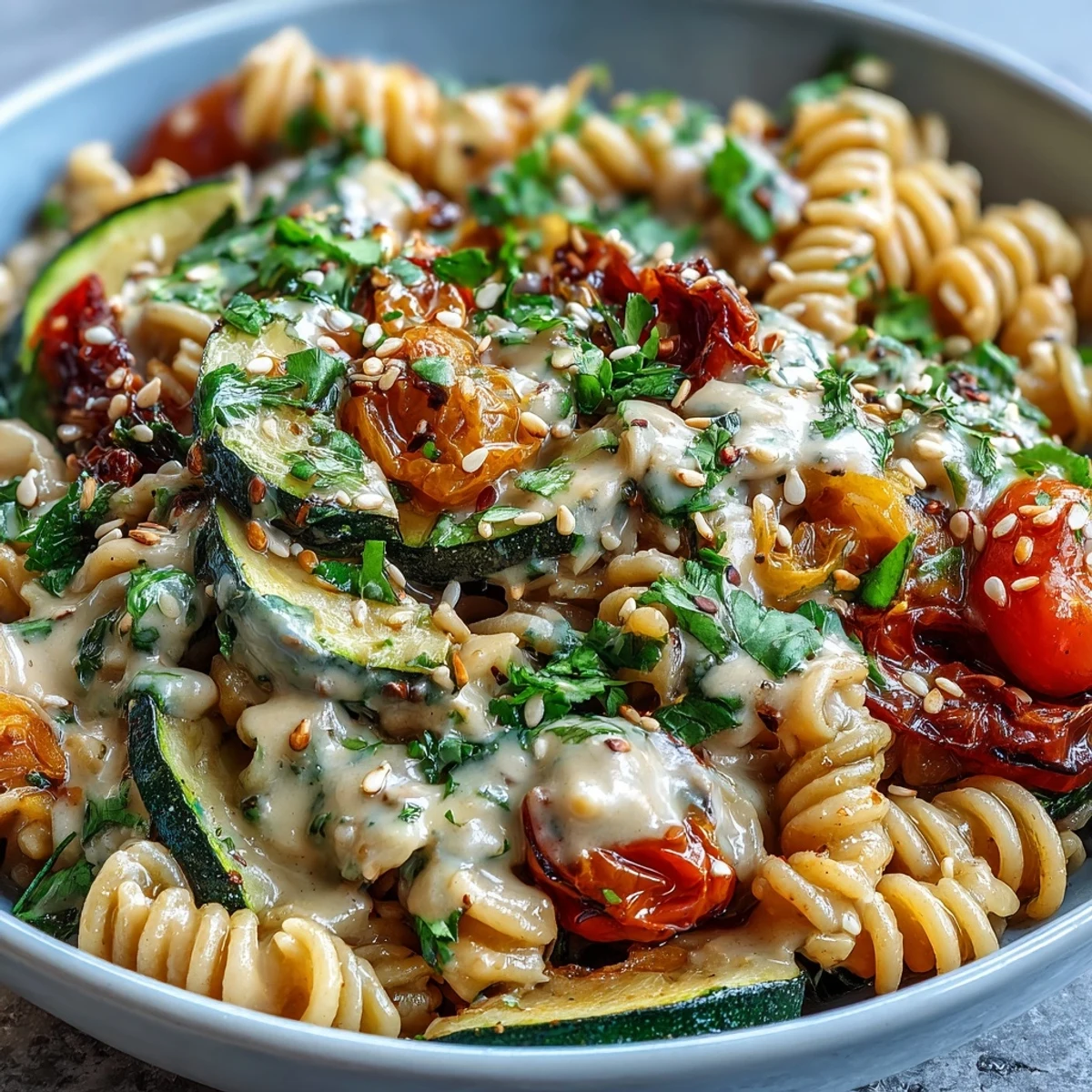 Golden roasted vegetables and creamy tahini sauce tossed with warm chickpea pasta in a wide ceramic bowl.