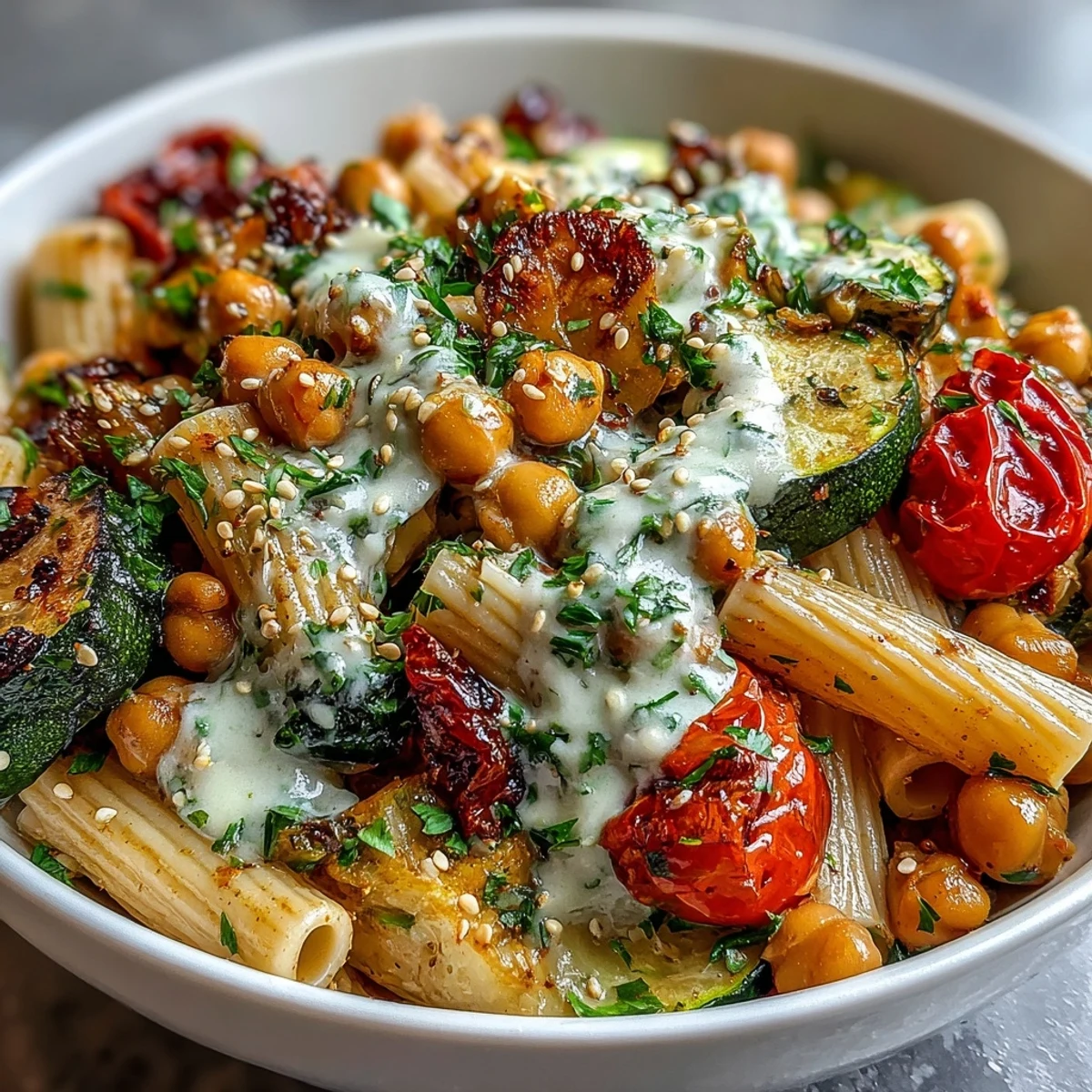 A close-up of a Mediterranean-inspired chickpea pasta bowl, garnished with sesame seeds and ready to serve.