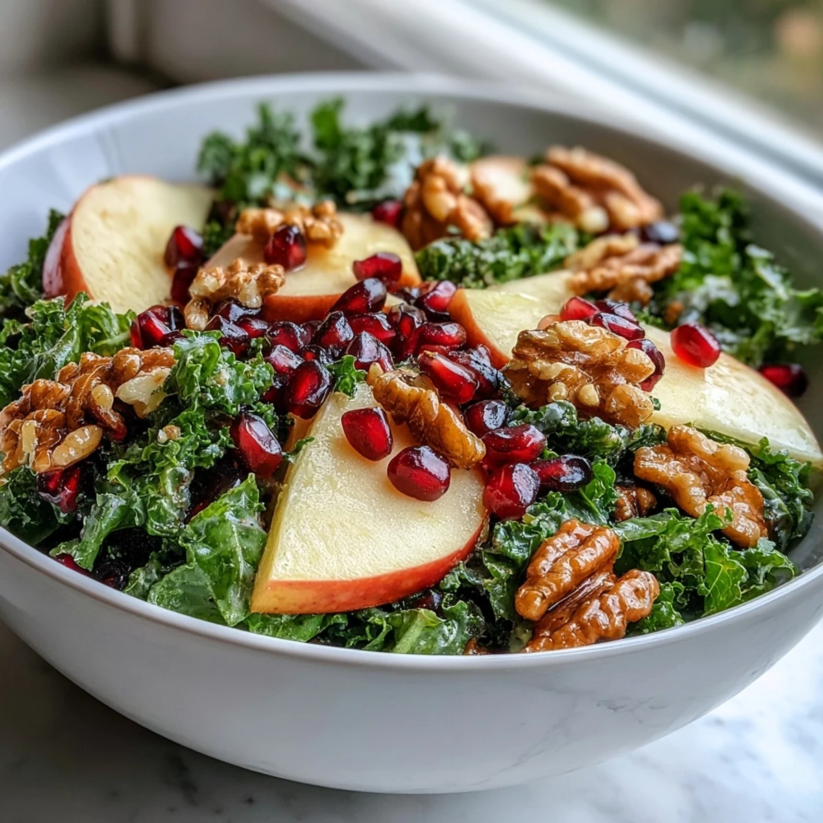 Tender massaged kale with crisp apple slices and vibrant pomegranate seeds in a salad bowl.