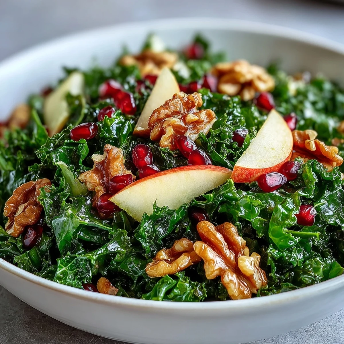 Glistening dressing coats the greens in this easy, colorful Kale and Pomegranate Bowl salad.