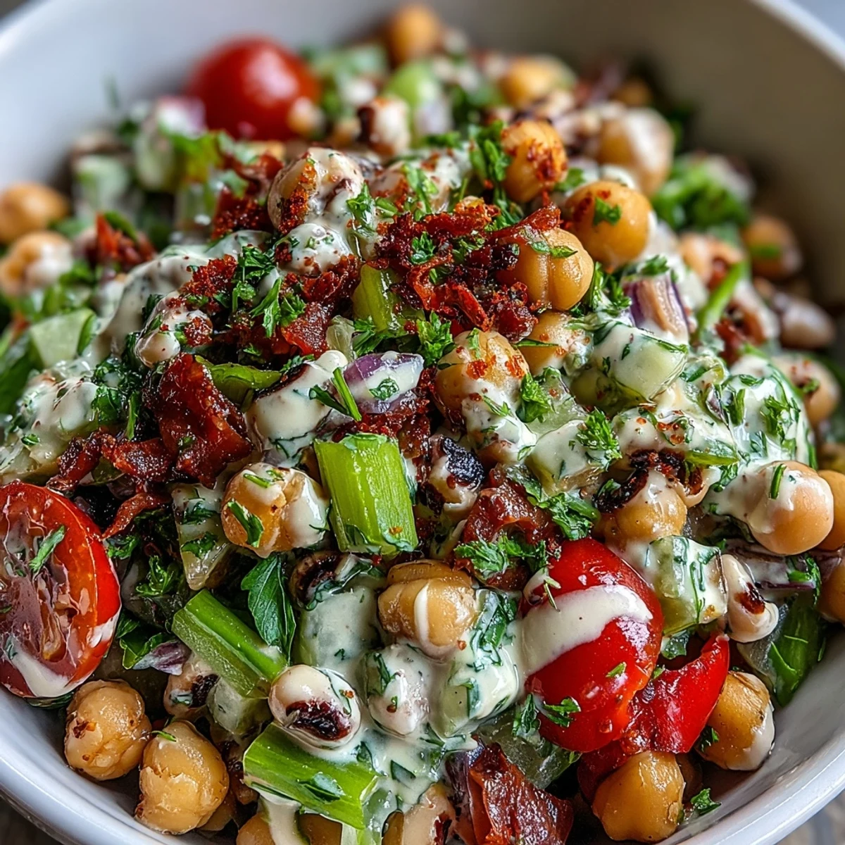 Bright New Years Hoppin John Salad in a white bowl, featuring black-eyed peas, chickpeas, and colorful veggies with creamy tahini dressing.
