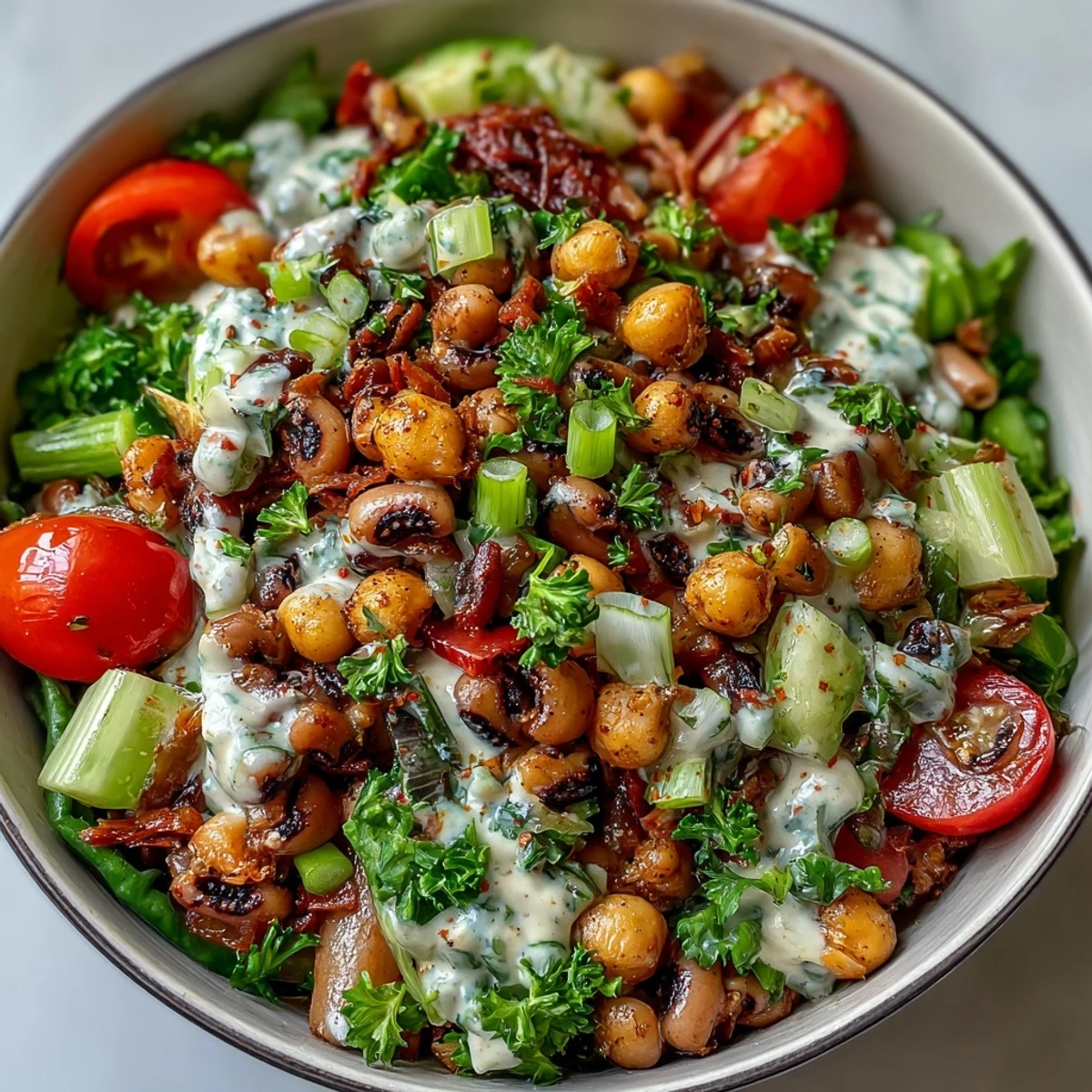 Healthy vegan New Years Hoppin John Salad served over rice with cherry tomatoes and green onions, perfect for a lucky New Year meal.